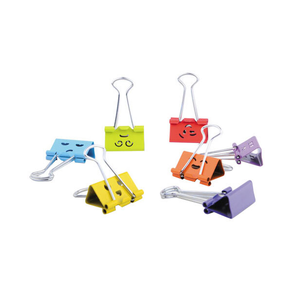 A group of Universal assorted emoji themed medium binder clips including blue, purple, and yellow clips with smiley faces.