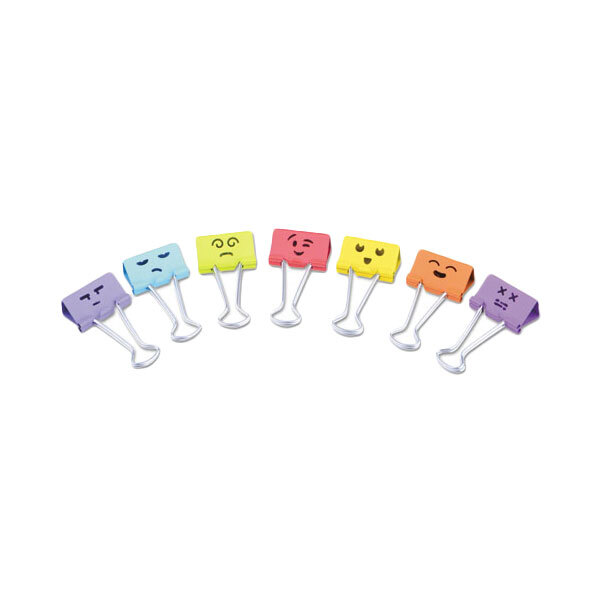 A group of Universal assorted emoji themed medium binder clips with faces on a white background.