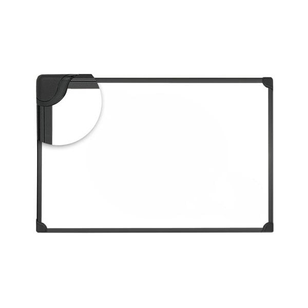 A whiteboard with a black frame.