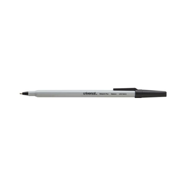 A close-up of a black and white Universal Economy ballpoint pen with a gray barrel.