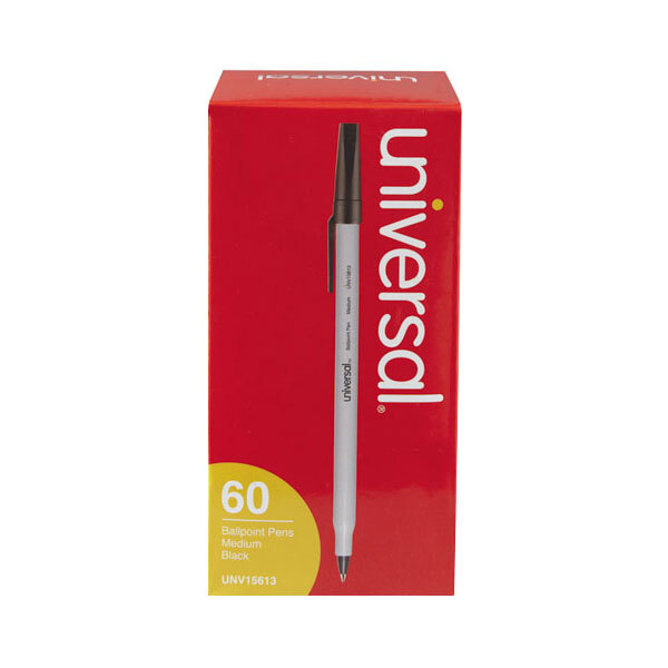 A red and white box of Universal Economy Black Oil-Based Ballpoint Stick Pens.