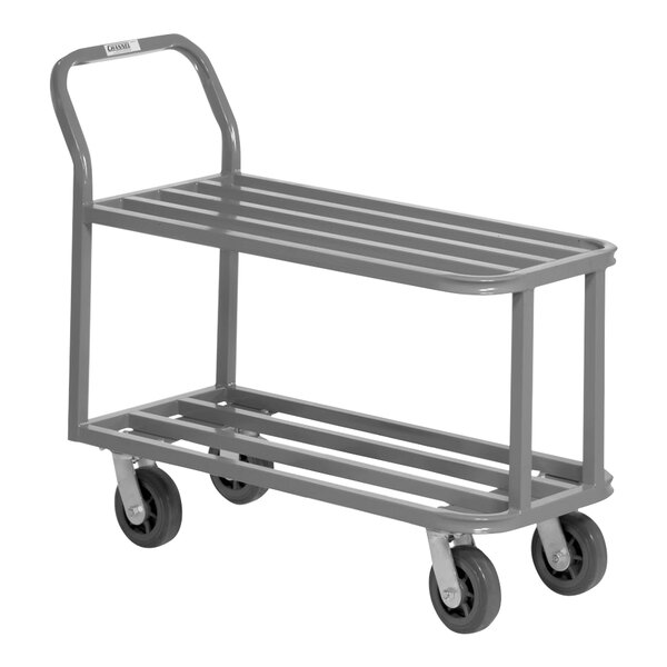 A gray Channel heavy-duty steel tubular stocking truck with two shelves and four wheels.