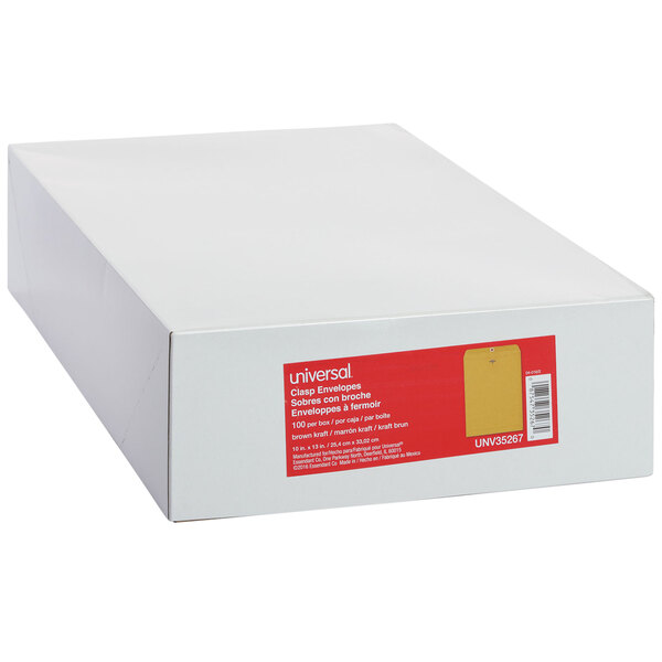 A white box of Universal Kraft file envelopes with a red label.