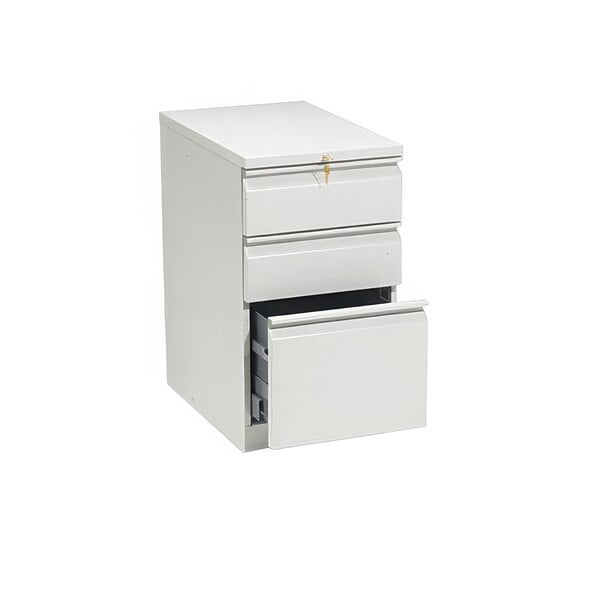 A light gray HON Brigade three-drawer pedestal filing cabinet.