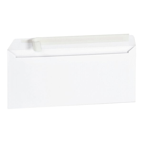 A white #10 business envelope with a peel seal adhesive strip.