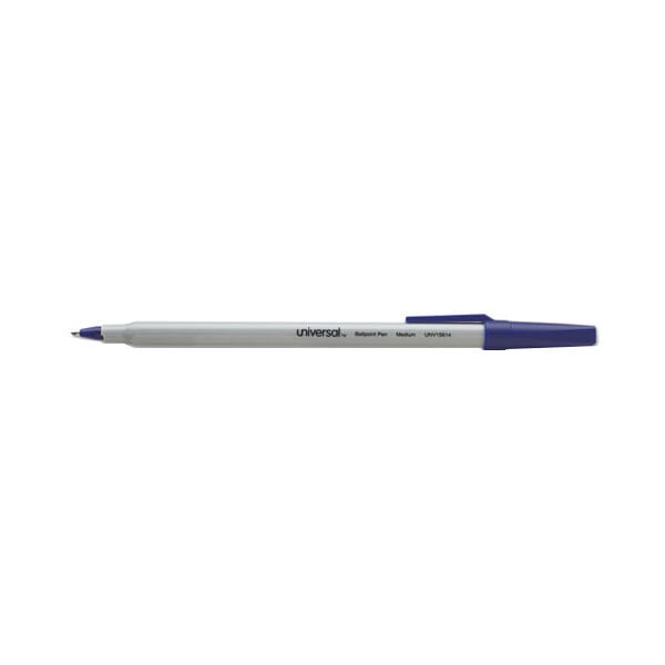 A close-up of a Universal blue and white pen with gray accents.