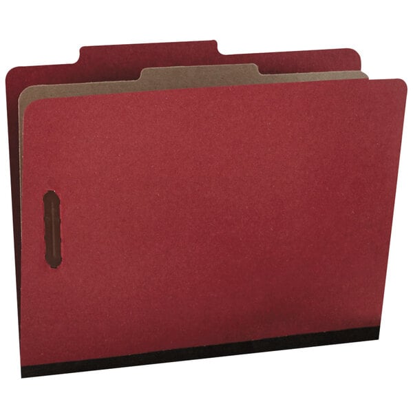 A red Universal letter size classification folder with two brown and tan dividers.