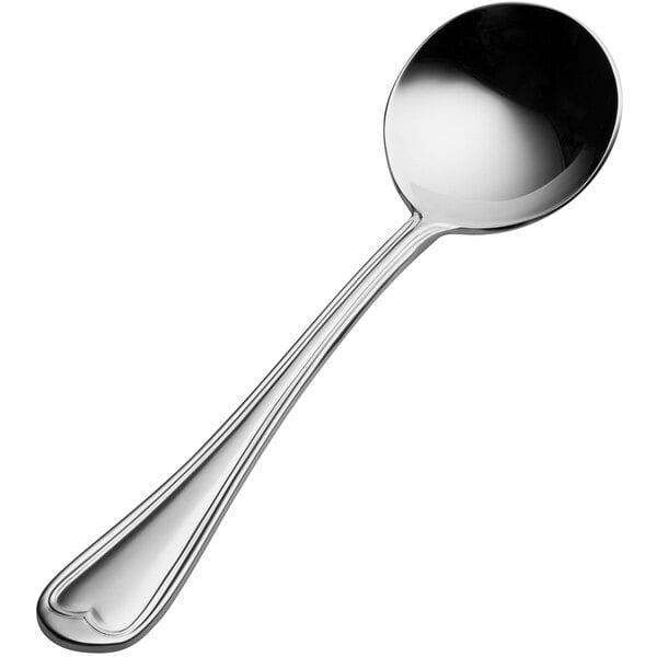 A Bon Chef stainless steel bouillon spoon with a silver handle.