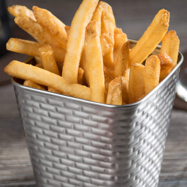 A Tablecraft stainless steel square fry cup filled with french fries on a table.