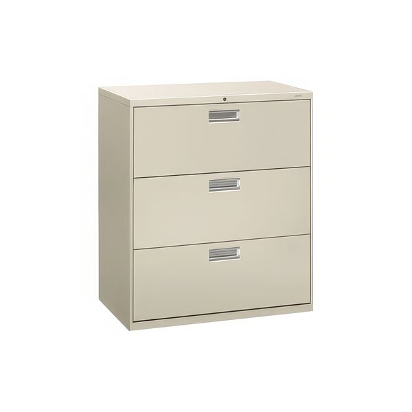 A light gray HON Brigade three-drawer lateral filing cabinet with silver handles.