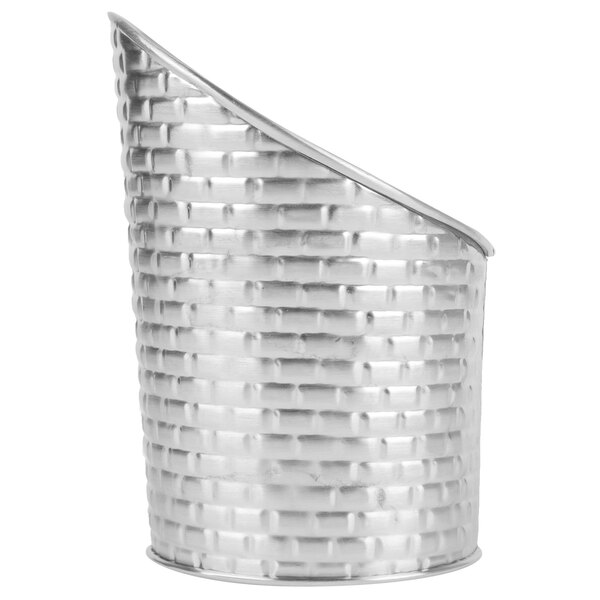 A silver stainless steel round fry cup with a curved handle.