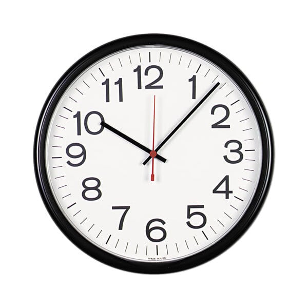 A black and white Universal clock with red numbers on a white background.