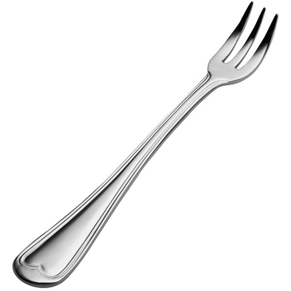 A Bon Chef stainless steel oyster/cocktail fork with a silver handle on a white background.