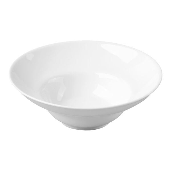 A plain white ceramic bowl with a wide rim and a slightly elevated base.