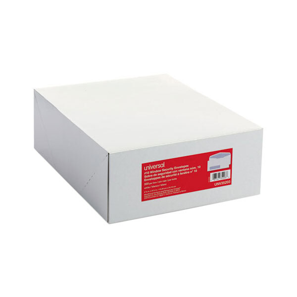 A white Universal business envelope box with a red label.