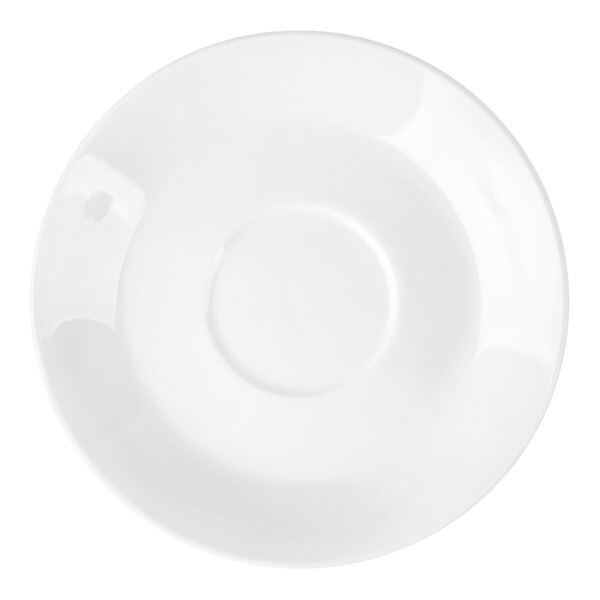 A plain, round, bright white porcelain saucer with a central indentation.