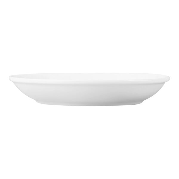 A plain, round, bright white porcelain saucer.