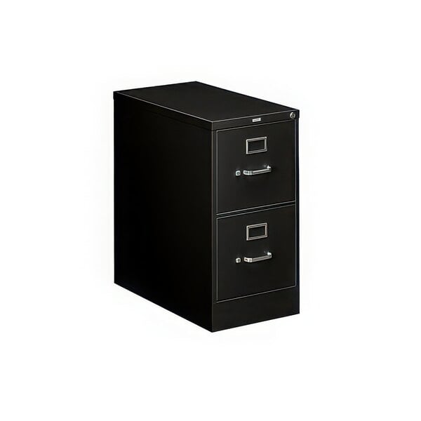 A black HON filing cabinet with two drawers and silver handles.