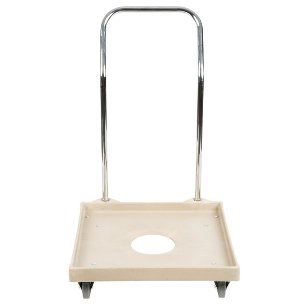 A beige rectangular dish rack dolly with four casters and a chrome-plated handle.