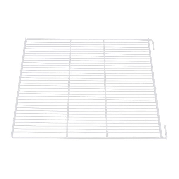 A white coated wire shelf with shelf supports and a white grid.