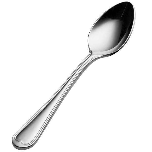 A close-up of a Bon Chef stainless steel demitasse spoon with a silver handle.