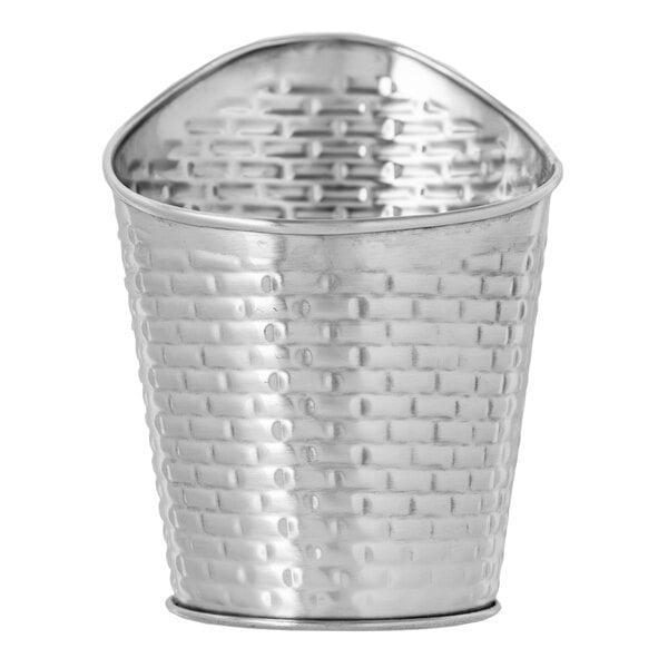 A silver metal cup with a curved edge.