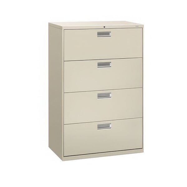 A light gray HON Brigade lateral filing cabinet with four drawers and silver handles on a white background.