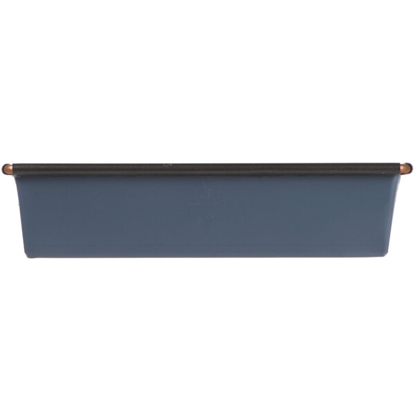 A black rectangular steel cake pan with a black non-stick coating.