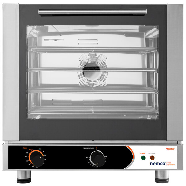 A stainless steel Nemco countertop convection oven with two racks.