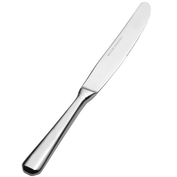 A Bon Chef stainless steel dinner knife with a solid silver handle.