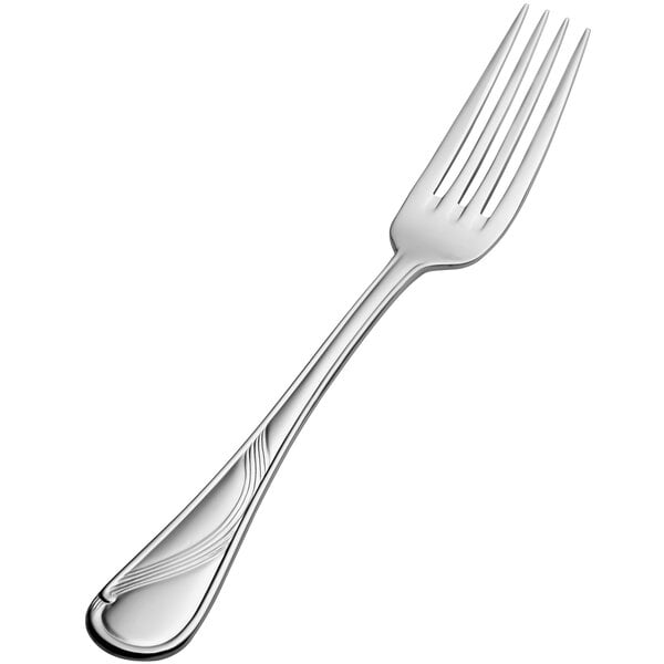 A close-up of a Bon Chef stainless steel dinner fork with a silver handle.