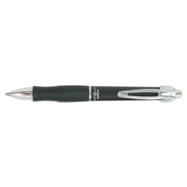 A Zebra black and silver pen with black ink and black barrel.