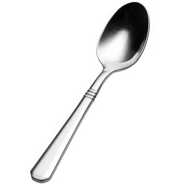 A Bon Chef stainless steel demitasse spoon with a long silver handle.