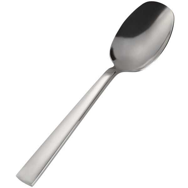 A Bon Chef soup/dessert spoon with a silver handle.