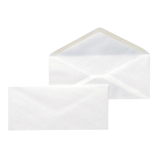 A white business envelope with a gummed seal, shown both open and closed.
