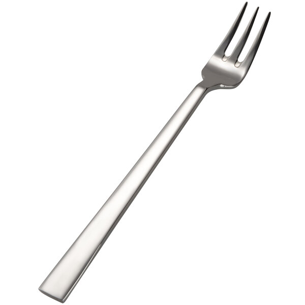 A close-up of a Bon Chef stainless steel oyster/cocktail fork with a silver handle.