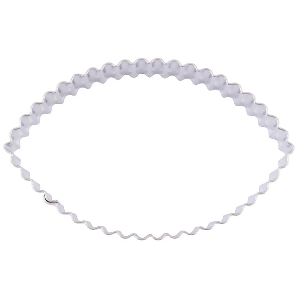 A set of 5 stainless steel metal football-shaped cookie cutters with wavy edges.