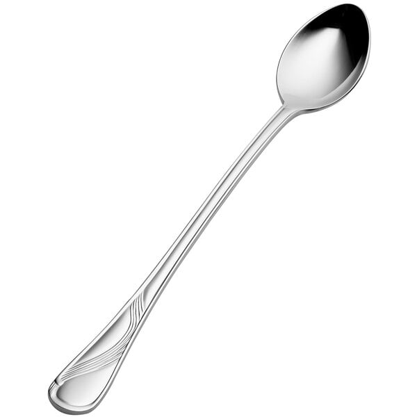 A close-up of a Bon Chef stainless steel iced tea spoon with a wave handle.