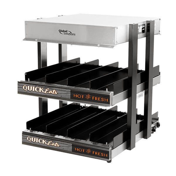 A Global Solutions heated countertop shelf with two black trays on it.