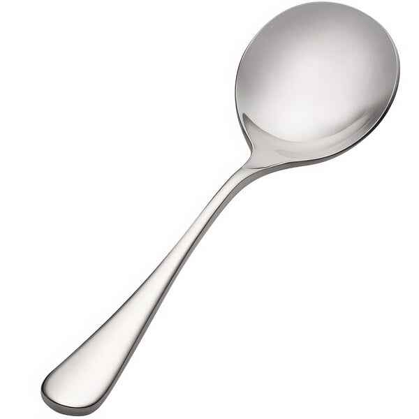 A Bon Chef stainless steel bouillon spoon with a long silver handle.