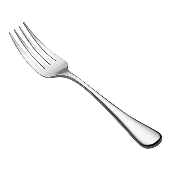 A close-up of a Bon Chef Como stainless steel salad/dessert fork with a silver handle.