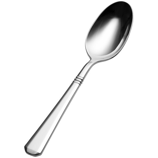 A Bon Chef stainless steel soup/dessert spoon with a silver handle.