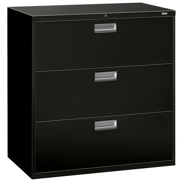 A black HON Brigade three-drawer lateral filing cabinet with metal handles.