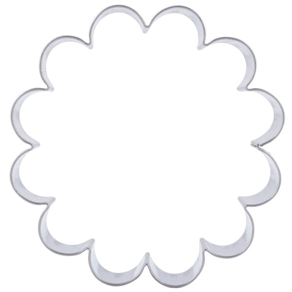A metal cookie cutter in the shape of a flower.