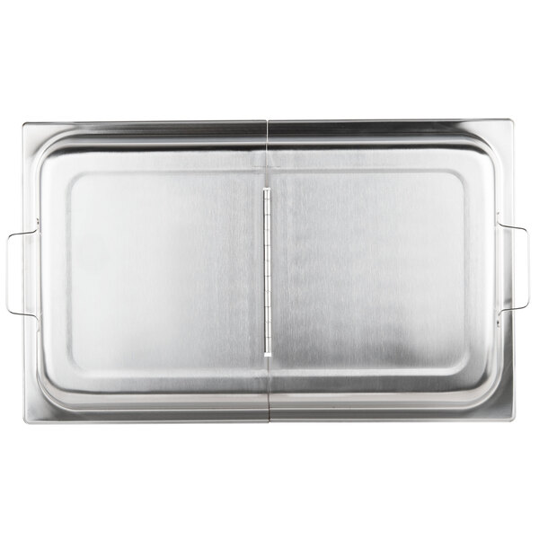 A stainless steel Vollrath hinged dome cover with two handles.