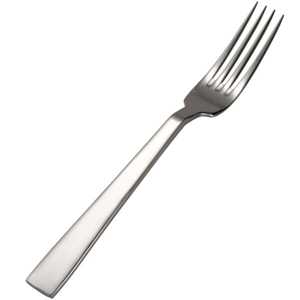 A close-up of a Bon Chef stainless steel salad/dessert fork with a silver handle.