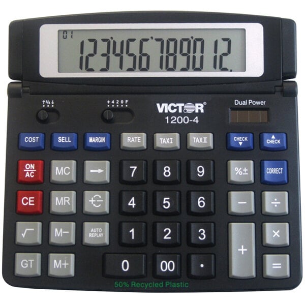 A black Victor 12-digit calculator with a digital display.