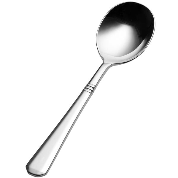 A close-up of a Bon Chef stainless steel bouillon spoon with a silver handle.