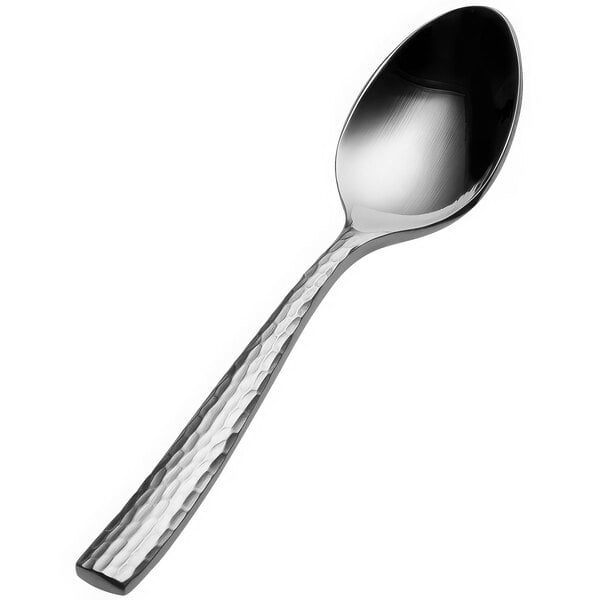 A Bon Chef stainless steel demitasse spoon with a silver handle and black accents.