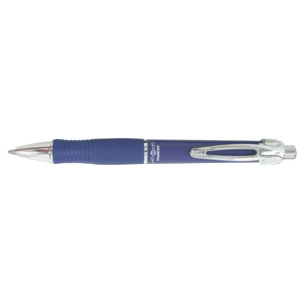 A Zebra blue gel pen with silver accents and a blue barrel.